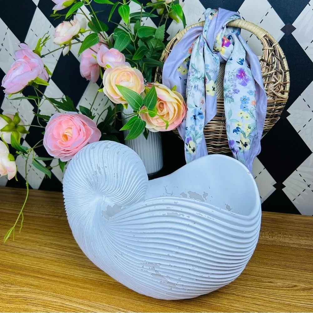 Large‎ Distressed Shell Vase White Resin Organic Sculptural Form Coastal Luxury